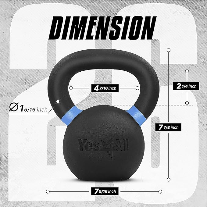 Yes4All Powder Coated Kettlebell, Cast Iron Core Kettlebells with Non-Slip Handle & Flat Bottom for Conditioning, Heavy Duty for Strength Training, 9lb to 71lb - Single & Pair