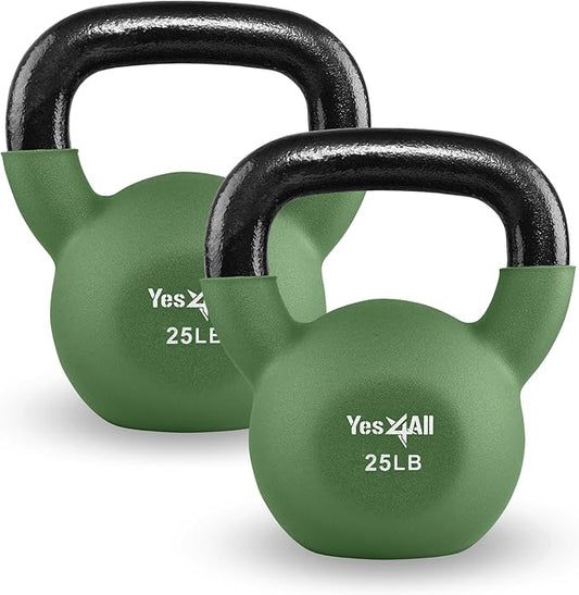 Yes4All Kettlebell, 5-65 LB Neoprene Coated Cast Iron Kettlebells, Wide Grip Handle & Flat Bottom for Swings, Squats, Deadlifts, Push Ups & Full Body Training at Home Gym - Single & Set