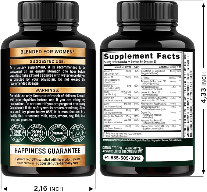 Thyroid Support for Women - Astragalus | Selenium 200 mcg | Zinc & Iodine | L-Tyrosine | Adaptogen Herbs - 21-in-1 Antioxidant & Immune Support - Vegan, Non-GMO, Lab Tested - 60 Capsules, Made in USA