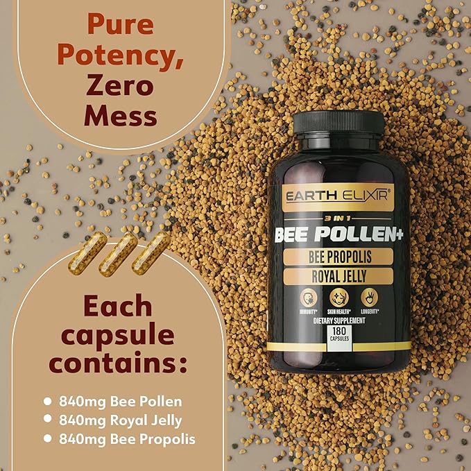3-in-1 Organic Bee Pollen Capsule – Non-GMO, Pure Raw Bee Pollen, Royal Jelly, Propolis Extract for Women & Men – Natural Energy, Immune & Vitality Support – 180 Propolis Capsules