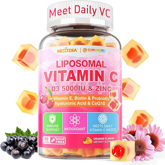 Liposomal Vitamin C 1000mg + D3 5000IU + Zinc Gummies, Elderberry Echinacea for Immune, Folate, Hyaluronic Acid, Copper, VE for Beauty, CoQ10 Energy, Overall Health, Sugar Free, Chewable, Natural