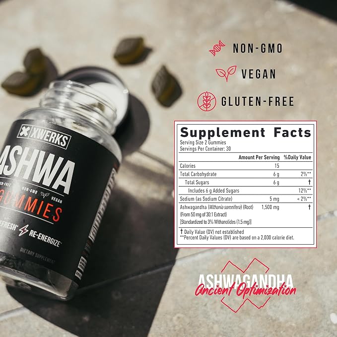 Xwerks Ashwagandha Root Gummies, Extra Strength 1500mg Per Serving, Natural Herbal Supplement for Immune Support, Stress Relief and Strength, Non GMO Gluten Free Vegan Vitamins for Adults, 60 Count