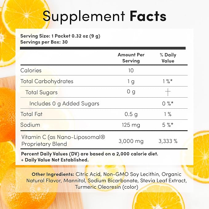 Aurora Nutrascience Nano-Pack Liposomal Vitamin C Powder Drink Mix, Immune Support, High Strength 3,000 mg Per Serving, 30 Single Serve Packets, Orange