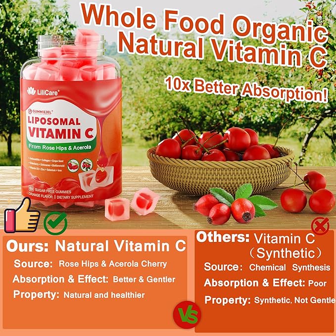 Natural Liposomal Vitamin C 1000mg Gummies for Adults Kids 9+, 1660mg Chewable Vitamin C w/ 11mg Zinc, D3, Elderberry, Echinacea, Bioflavonoid, Immune Support - Organic VIT C from Fruits, Sugar Free
