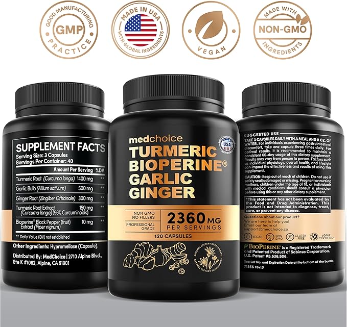 4-in-1 Turmeric and Garlic Supplements with Bioperine 2360 mg Turmeric Ginger Root Capsules with Garlic for Joint, Digestion & Immune Support (120ct, Pack of 3)