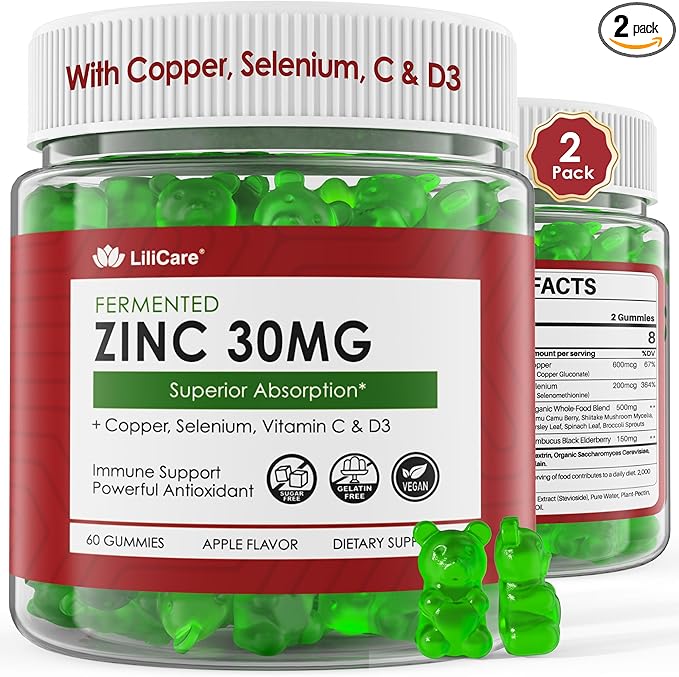 Zinc Gummies + Copper, Selenium, Vitamin C & D3, Fermented Zinc Supplements for Women and Men with Elderberry for Daily Immune Support, Powerful Antioxidant, High Absorption, Vegan, Sugar Free, 2 Pack
