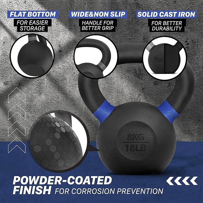 Yes4All Powder Coated Kettlebell, Cast Iron Core Kettlebells with Non-Slip Handle & Flat Bottom for Conditioning, Heavy Duty for Strength Training, 9lb to 71lb - Single & Pair
