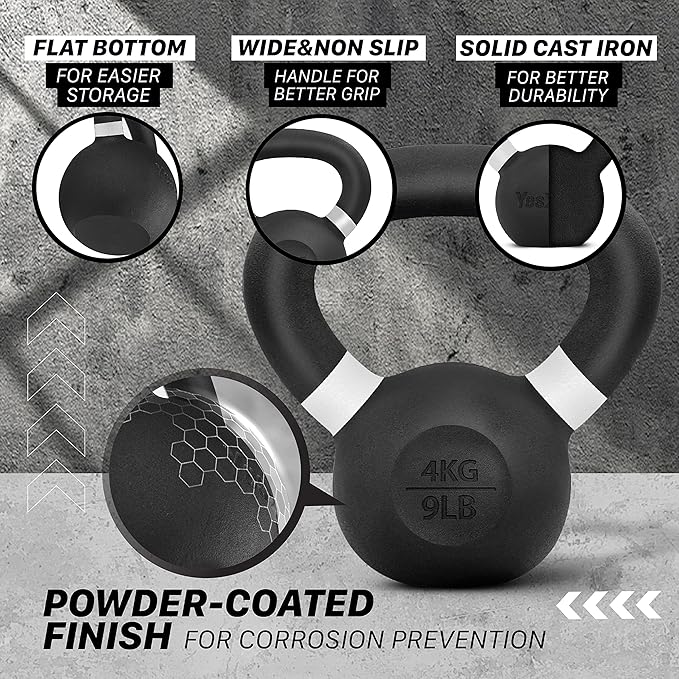 Yes4All Powder Coated Kettlebell, Cast Iron Core Kettlebells with Non-Slip Handle & Flat Bottom for Conditioning, Heavy Duty for Strength Training, 9lb to 71lb - Single & Pair