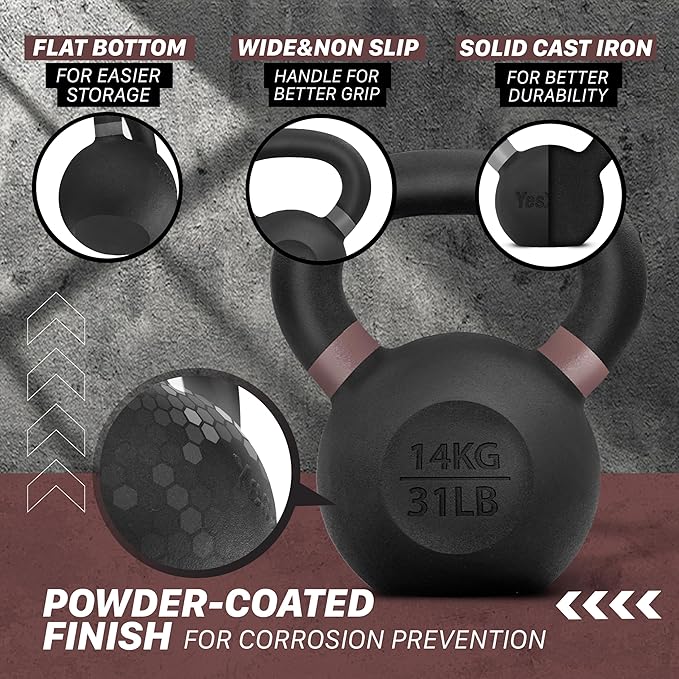 Yes4All Powder Coated Kettlebell, Cast Iron Core Kettlebells with Non-Slip Handle & Flat Bottom for Conditioning, Heavy Duty for Strength Training, 9lb to 71lb - Single & Pair